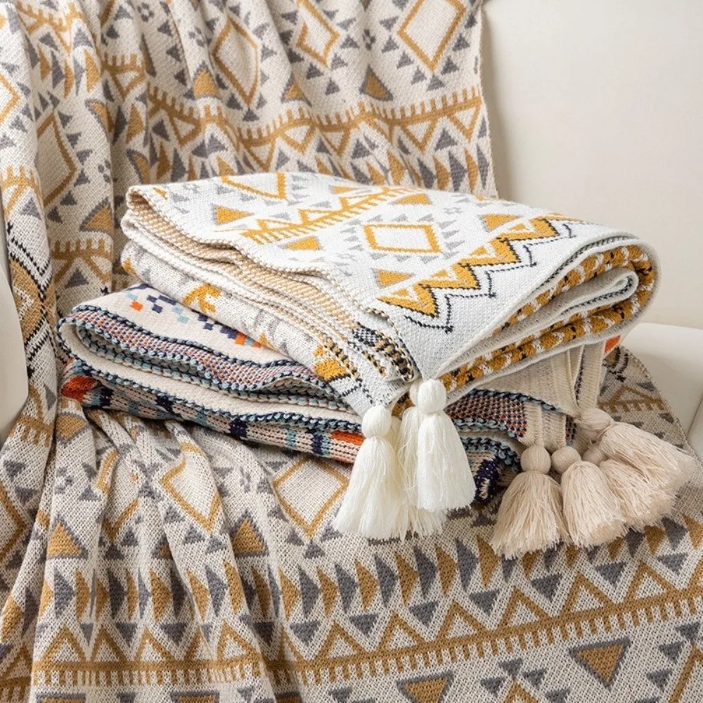 Boho Throw Blanket Fringe - 빈티지 청키 니트 보헤미안 스타일 담요