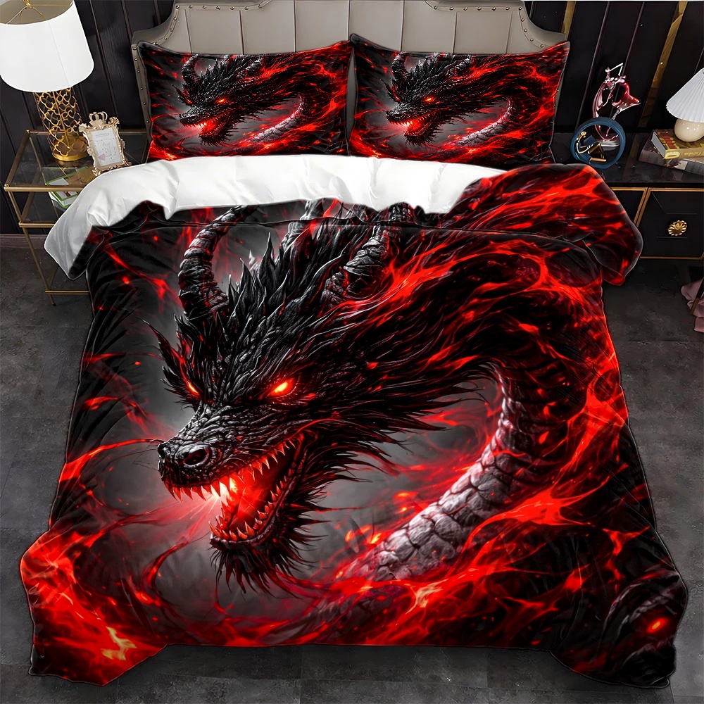 Duvet Cover Sets With Zipper - 3피스 다크 드래곤 이불 커버 세트,