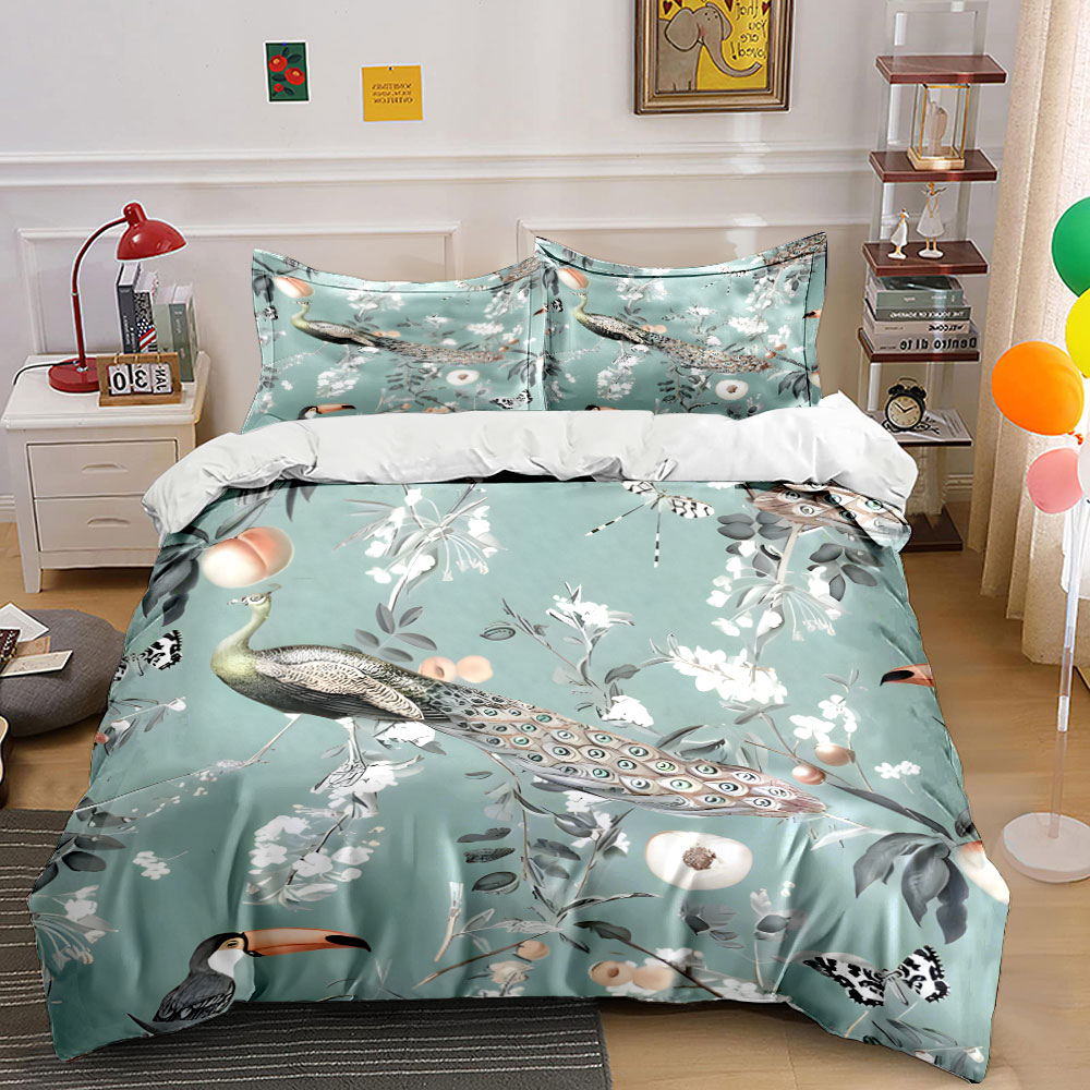 3PC 공작새 투칸 꽃무늬 침구 세트,열대 새와 복숭아 - Aesthetic Floral Duvet Cover 리뷰 및 가격