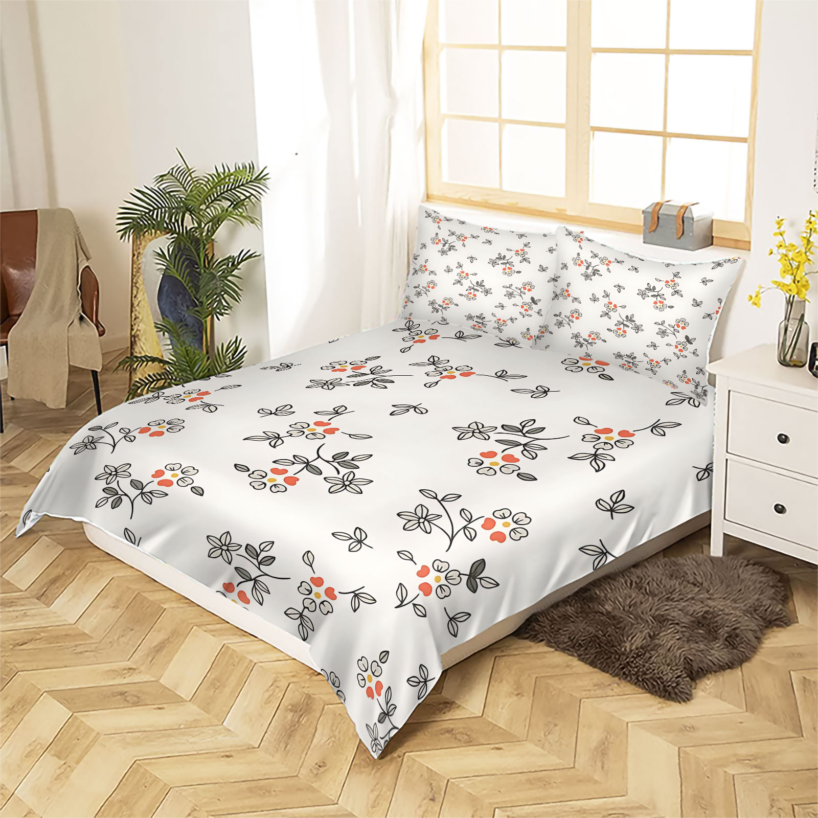 미니멀한 손으로 그린 ​​얇은 선 오렌지 레드 작은 꽃 - Aesthetic Floral Duvet Cover 리뷰 및 가격