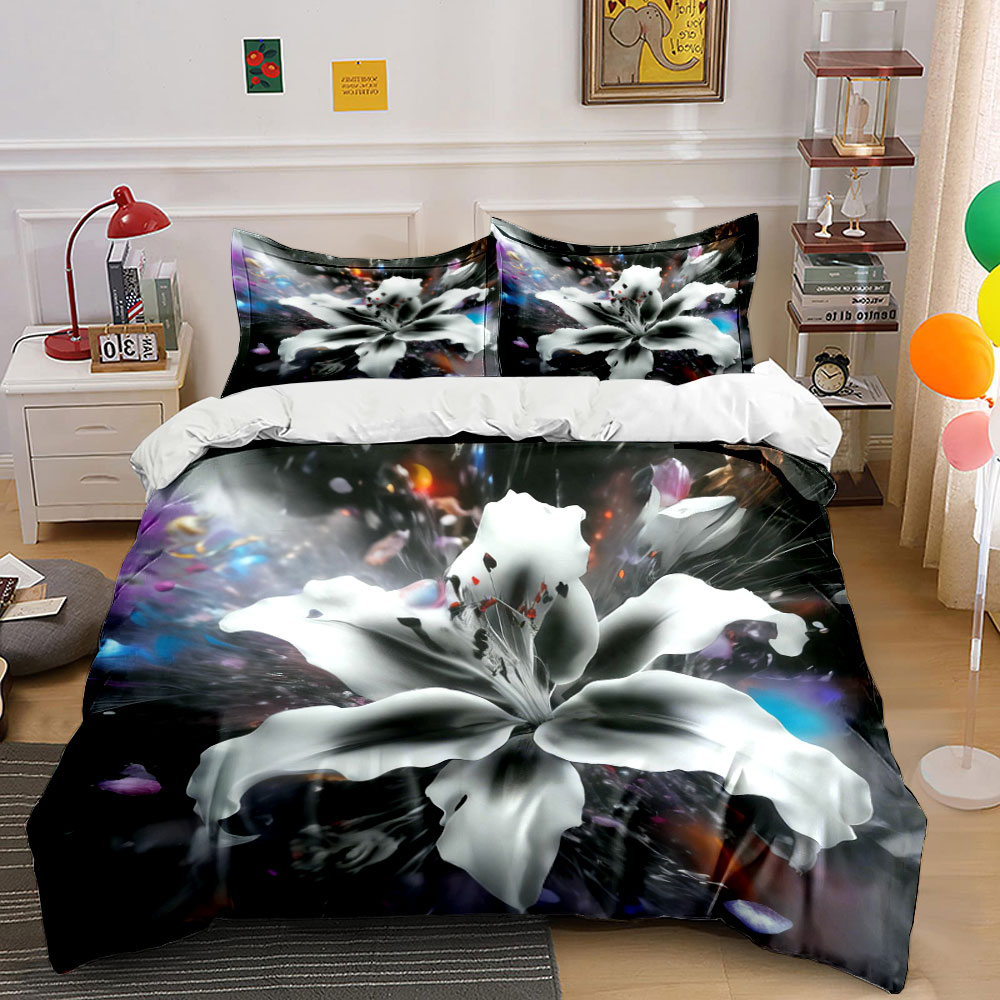 추상적인 흰색 백합 꽃 침구 세트 3개, 검은색 배경  - Aesthetic Floral Duvet Cover 리뷰 및 가격