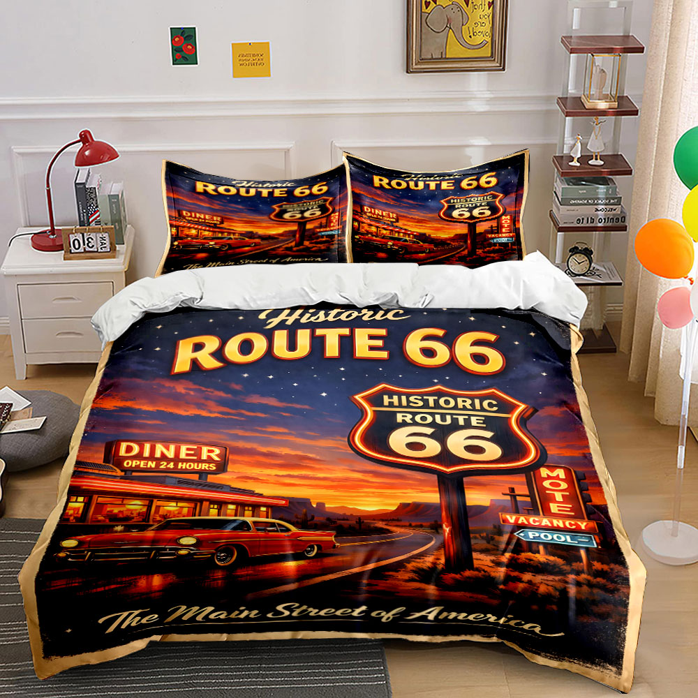 루트 66 패턴의 향수를 불러일으키는 밤 디지털 프린트 - Duvet Cover Sets With Zipper 리뷰 및 가격